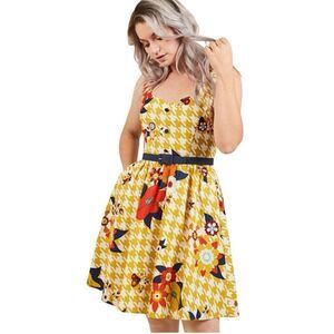 Modcloth 3X Yellow Floral Dress NO BELT Houndstooth 50s Cottagecore Pin Up